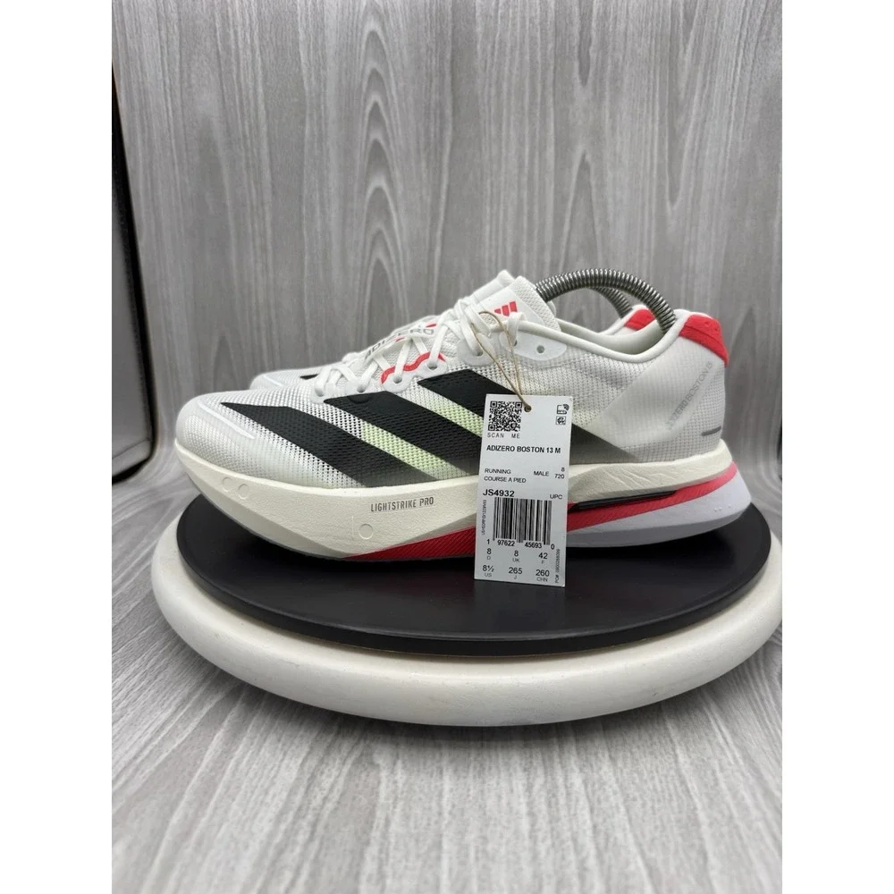 adidas Adizero Boston 13 Mens Sz 8.5 Cloud White Lucid Red Running Shoes JS4932